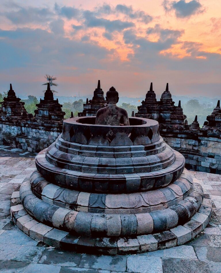 Borobudur stone stupas Buddha statues dawn