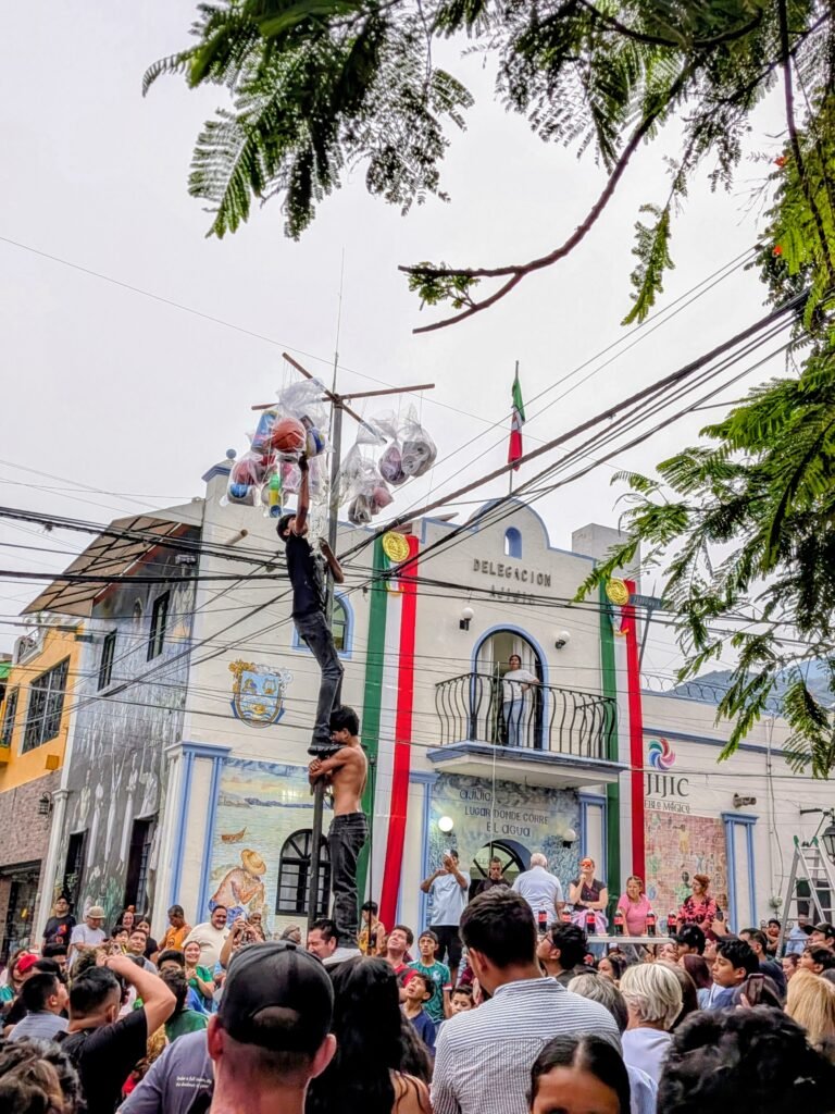 Greased pole climb contest in Ajijic plaza