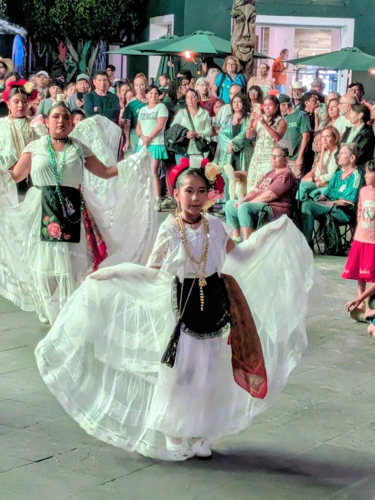 Ballet folklorico dancers performing in Ajijic plaza